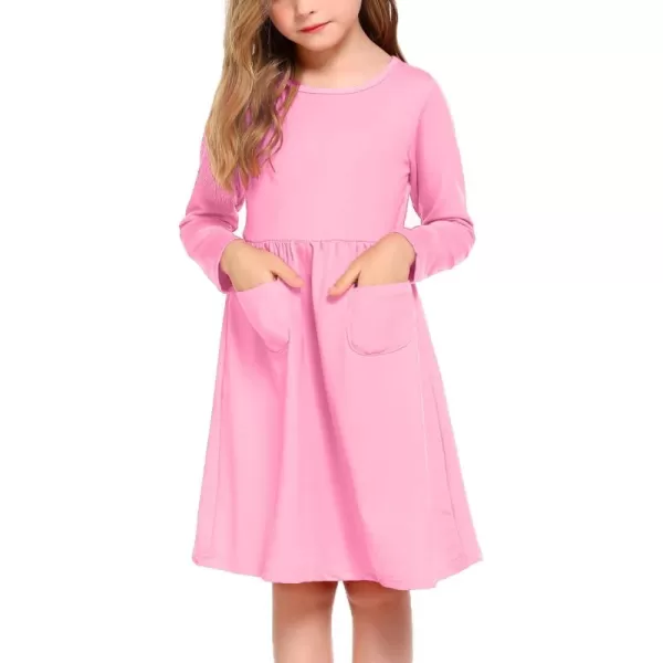 Arshiner Little Girls Dress Long Sleeve Solid Color Casual Skater Pocket Dress
