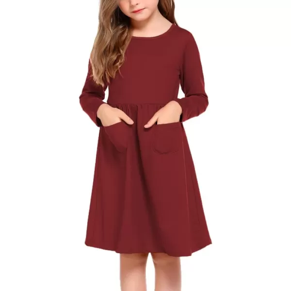 Arshiner Little Girls Dress Long Sleeve Solid Color Casual Skater Pocket Dress