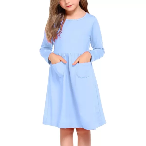 Arshiner Little Girls Dress Long Sleeve Solid Color Casual Skater Pocket Dress
