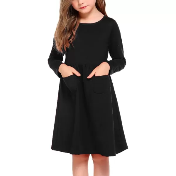 Arshiner Little Girls Dress Long Sleeve Solid Color Casual Skater Pocket Dress
