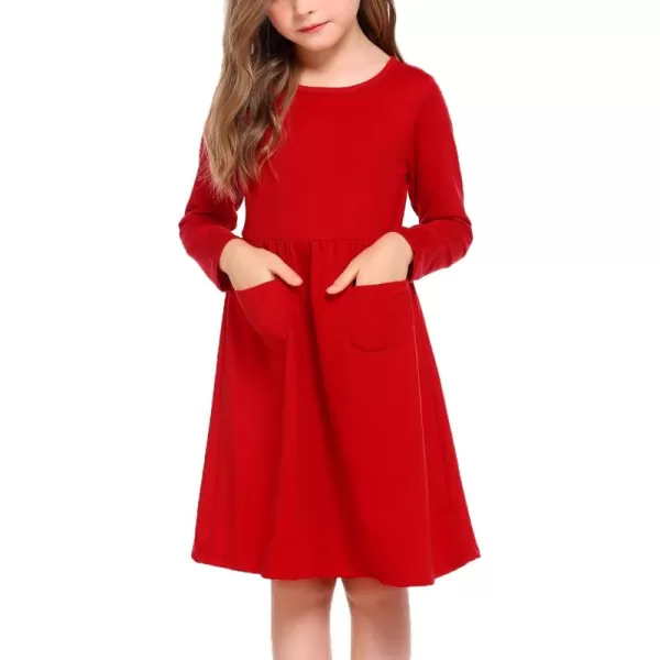Arshiner Little Girls Dress Long Sleeve Solid Color Casual Skater Pocket Dress