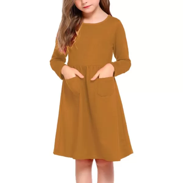 Arshiner Little Girls Dress Long Sleeve Solid Color Casual Skater Pocket Dress