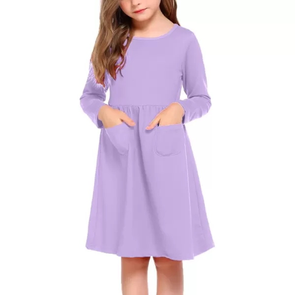 Arshiner Little Girls Dress Long Sleeve Solid Color Casual Skater Pocket Dress