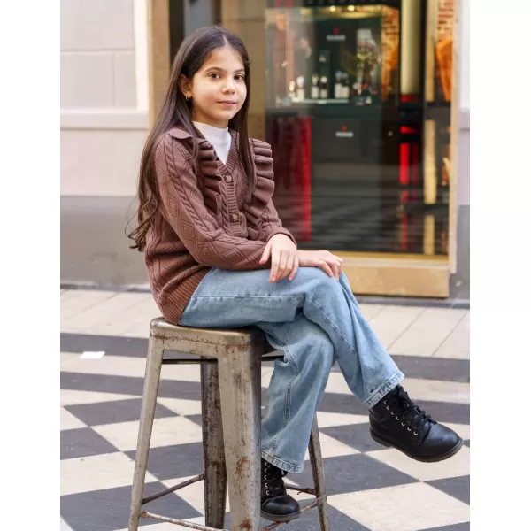 Arshiner Girls Cardigan Sweaters Ruffle School Uniform Sweater V Neck Button Front Outerwear 4-13 Years