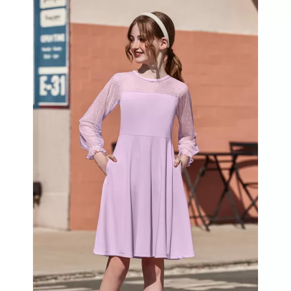 Arshiner Girl's Contrast Mesh Puff Long Sleeve High Waist A Line Short Dress with Pockets for 6-13 Years
