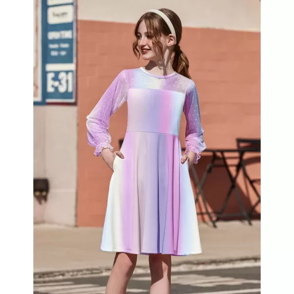 Arshiner Girl's Contrast Mesh Puff Long Sleeve High Waist A Line Short Dress with Pockets for 6-13 Years