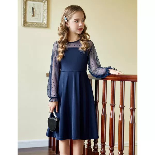 Arshiner Girl's Contrast Mesh Puff Long Sleeve High Waist A Line Short Dress with Pockets for 6-13 Years