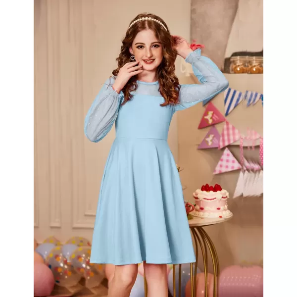Arshiner Girl's Contrast Mesh Puff Long Sleeve High Waist A Line Short Dress with Pockets for 6-13 Years