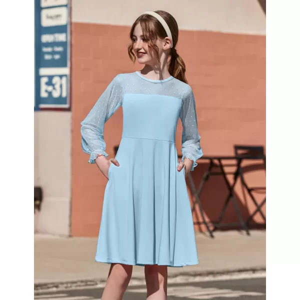 Arshiner Girl's Contrast Mesh Puff Long Sleeve High Waist A Line Short Dress with Pockets for 6-13 Years