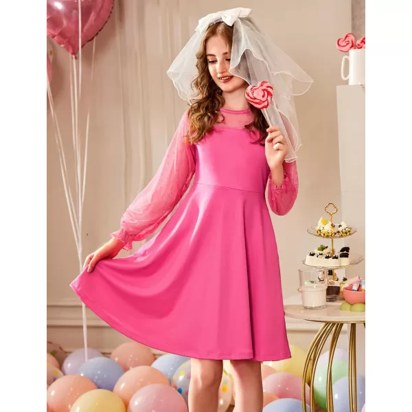 Arshiner Girl's Contrast Mesh Puff Long Sleeve High Waist A Line Short Dress with Pockets for 6-13 Years
