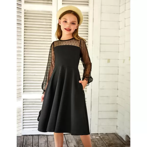 Arshiner Girl's Contrast Mesh Puff Long Sleeve High Waist A Line Short Dress with Pockets for 6-13 Years