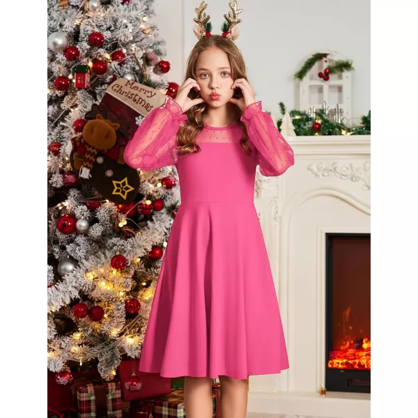 Arshiner Girl's Contrast Mesh Puff Long Sleeve High Waist A Line Short Dress with Pockets for 6-13 Years