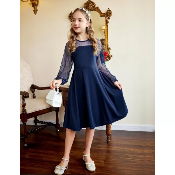Arshiner Girl's Contrast Mesh Puff Long Sleeve High Waist A Line Short Dress with Pockets for 6-13 Years
