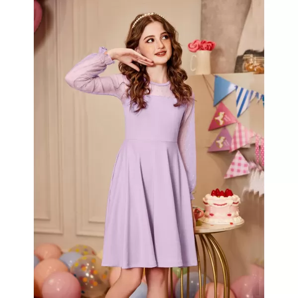 Arshiner Girl's Contrast Mesh Puff Long Sleeve High Waist A Line Short Dress with Pockets for 6-13 Years