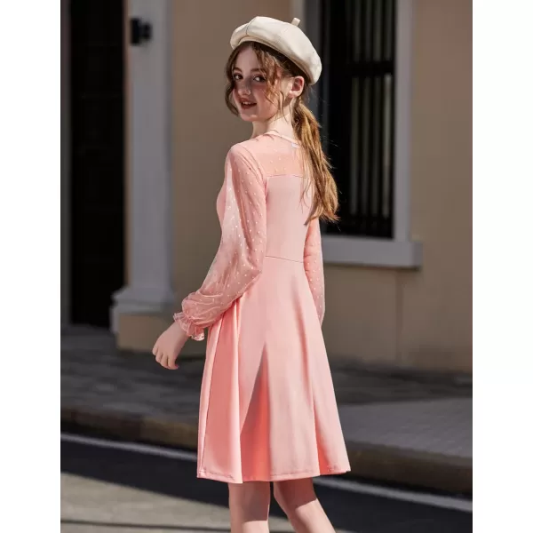 Arshiner Girl's Contrast Mesh Puff Long Sleeve High Waist A Line Short Dress with Pockets for 6-13 Years