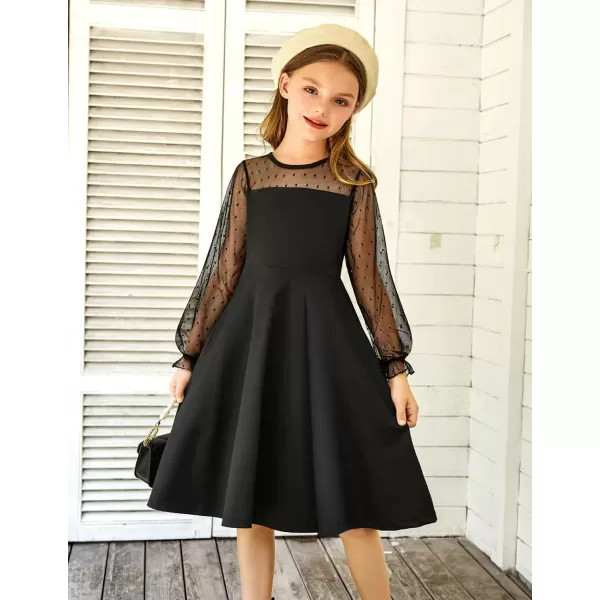 Arshiner Girl's Contrast Mesh Puff Long Sleeve High Waist A Line Short Dress with Pockets for 6-13 Years