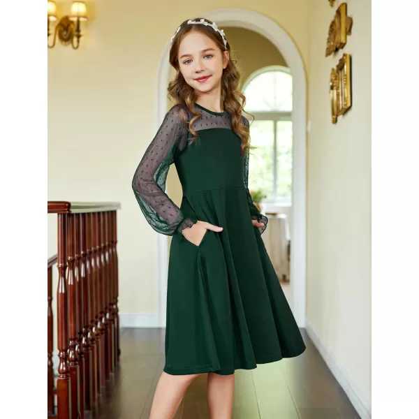 Arshiner Girl's Contrast Mesh Puff Long Sleeve High Waist A Line Short Dress with Pockets for 6-13 Years