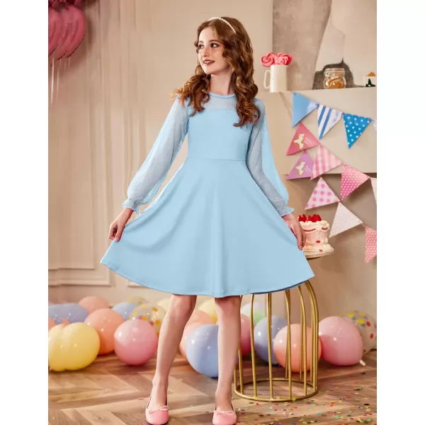 Arshiner Girl's Contrast Mesh Puff Long Sleeve High Waist A Line Short Dress with Pockets for 6-13 Years