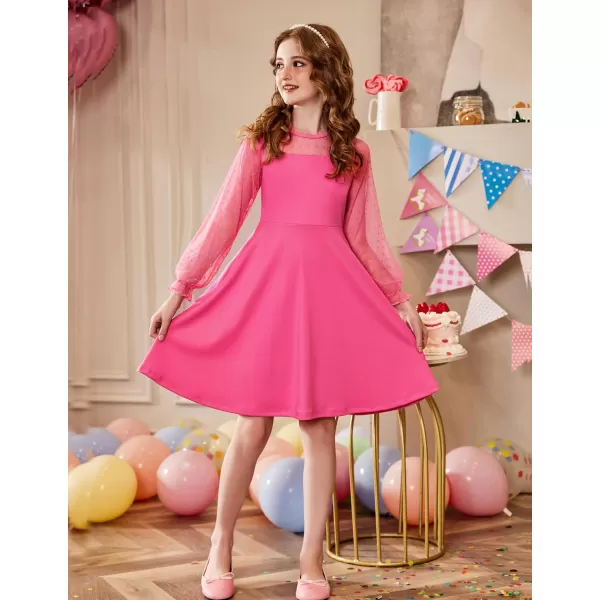 Arshiner Girl's Contrast Mesh Puff Long Sleeve High Waist A Line Short Dress with Pockets for 6-13 Years