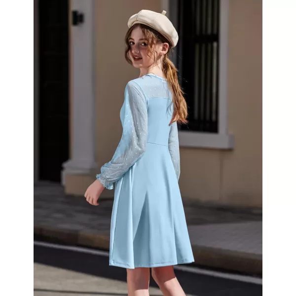 Arshiner Girl's Contrast Mesh Puff Long Sleeve High Waist A Line Short Dress with Pockets for 6-13 Years