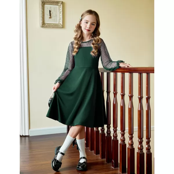 Arshiner Girl's Contrast Mesh Puff Long Sleeve High Waist A Line Short Dress with Pockets for 6-13 Years