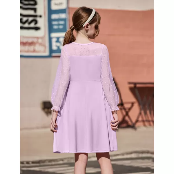 Arshiner Girl's Contrast Mesh Puff Long Sleeve High Waist A Line Short Dress with Pockets for 6-13 Years