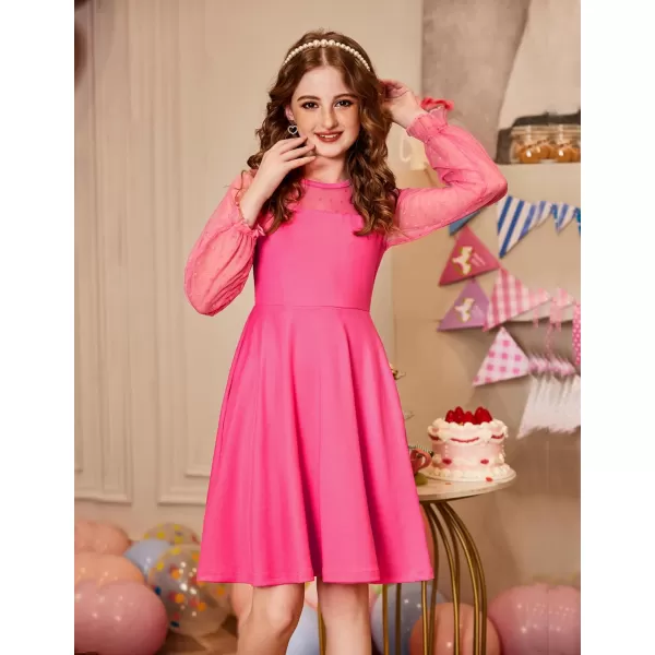 Arshiner Girl's Contrast Mesh Puff Long Sleeve High Waist A Line Short Dress with Pockets for 6-13 Years