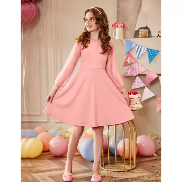 Arshiner Girl's Contrast Mesh Puff Long Sleeve High Waist A Line Short Dress with Pockets for 6-13 Years
