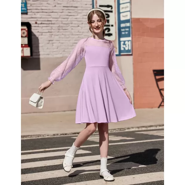 Arshiner Girl's Contrast Mesh Puff Long Sleeve High Waist A Line Short Dress with Pockets for 6-13 Years