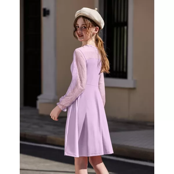 Arshiner Girl's Contrast Mesh Puff Long Sleeve High Waist A Line Short Dress with Pockets for 6-13 Years