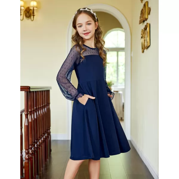 Arshiner Girl's Contrast Mesh Puff Long Sleeve High Waist A Line Short Dress with Pockets for 6-13 Years