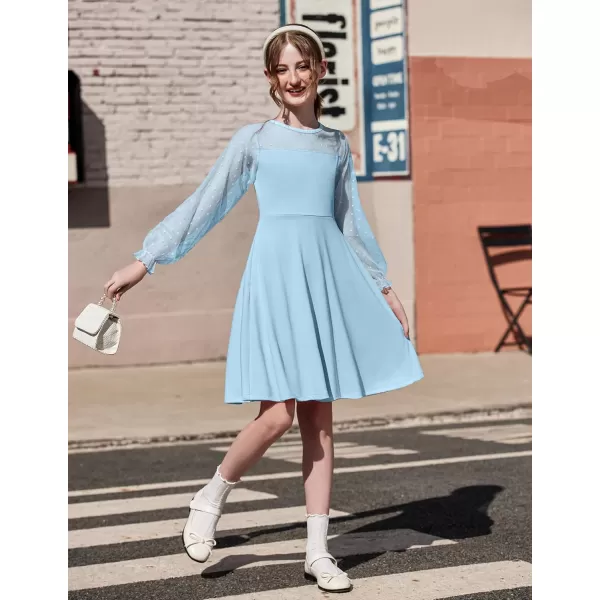 Arshiner Girl's Contrast Mesh Puff Long Sleeve High Waist A Line Short Dress with Pockets for 6-13 Years