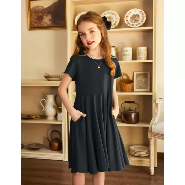 Arshiner Girls Dress Basic Short Sleeve A Line Swing Skater Twirl School Party Dress