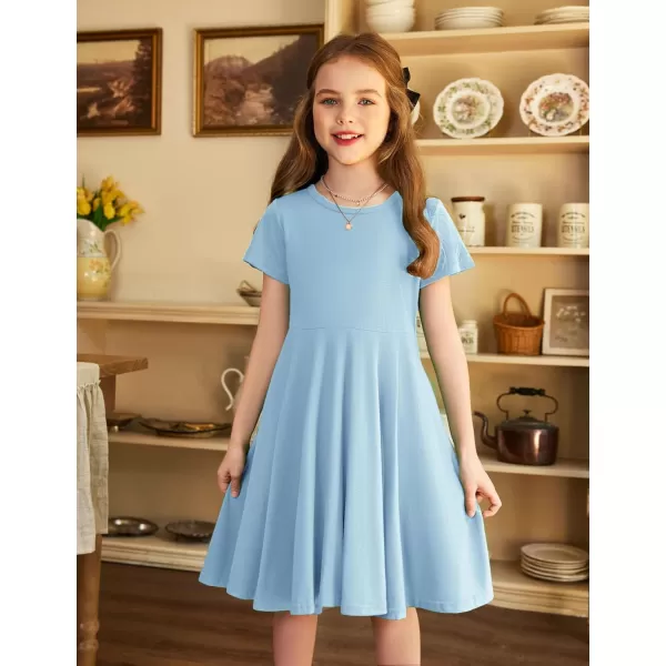 Arshiner Girls Dress Basic Short Sleeve A Line Swing Skater Twirl School Party Dress