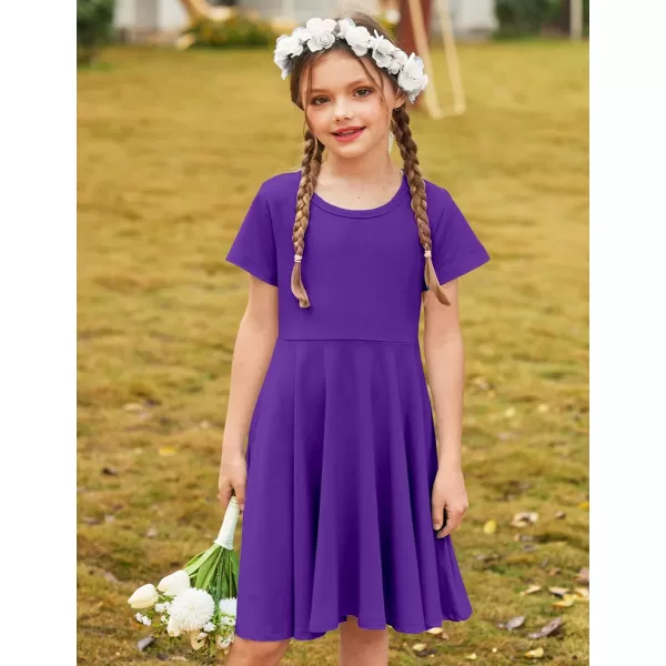 Arshiner Girls Dress Basic Short Sleeve A Line Swing Skater Twirl School Party Dress