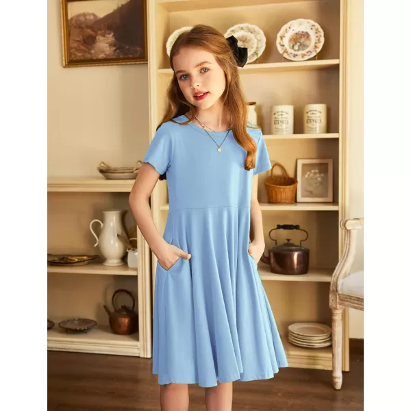 Arshiner Girls Dress Basic Short Sleeve A Line Swing Skater Twirl School Party Dress