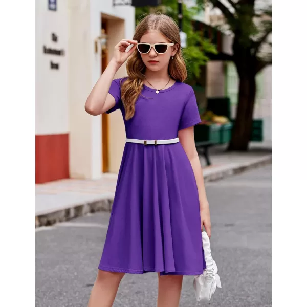 Arshiner Girls Dress Basic Short Sleeve A Line Swing Skater Twirl School Party Dress