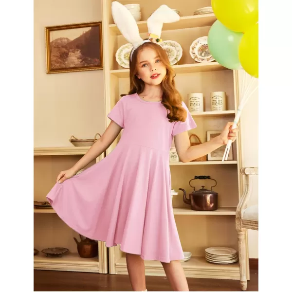 Arshiner Girls Dress Basic Short Sleeve A Line Swing Skater Twirl School Party Dress