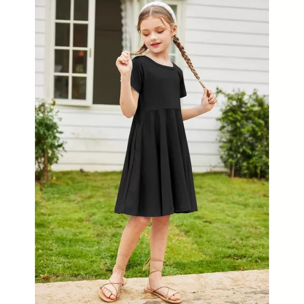 Arshiner Girls Dress Basic Short Sleeve A Line Swing Skater Twirl School Party Dress