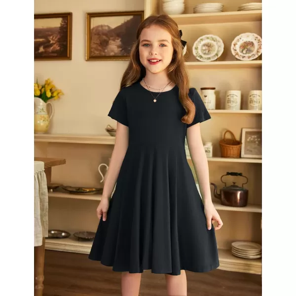 Arshiner Girls Dress Basic Short Sleeve A Line Swing Skater Twirl School Party Dress