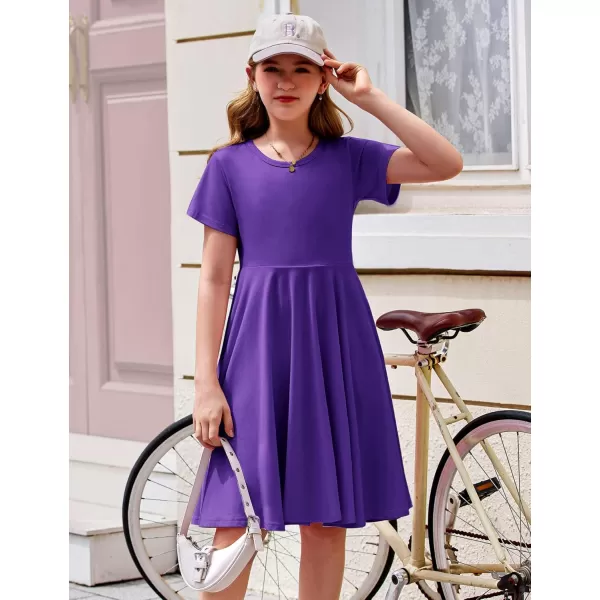Arshiner Girls Dress Basic Short Sleeve A Line Swing Skater Twirl School Party Dress