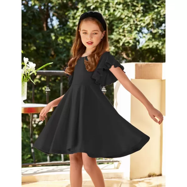 Arshiner Girls Dress Butterfly Sleeve Stretch A-Line Swing Skater Twirl School Dress with Pockets