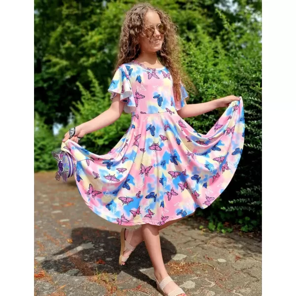 Arshiner Girls Dress Butterfly Sleeve Stretch A-Line Swing Skater Twirl School Dress with Pockets