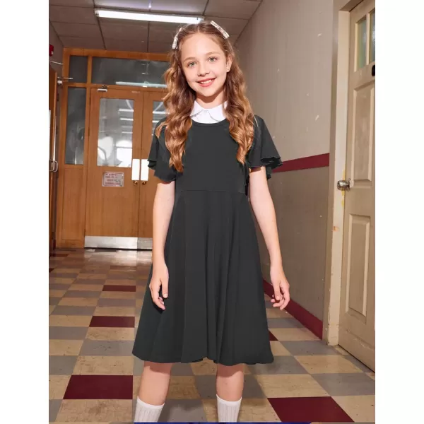 Arshiner Girls Dress Butterfly Sleeve Stretch A-Line Swing Skater Twirl School Dress with Pockets