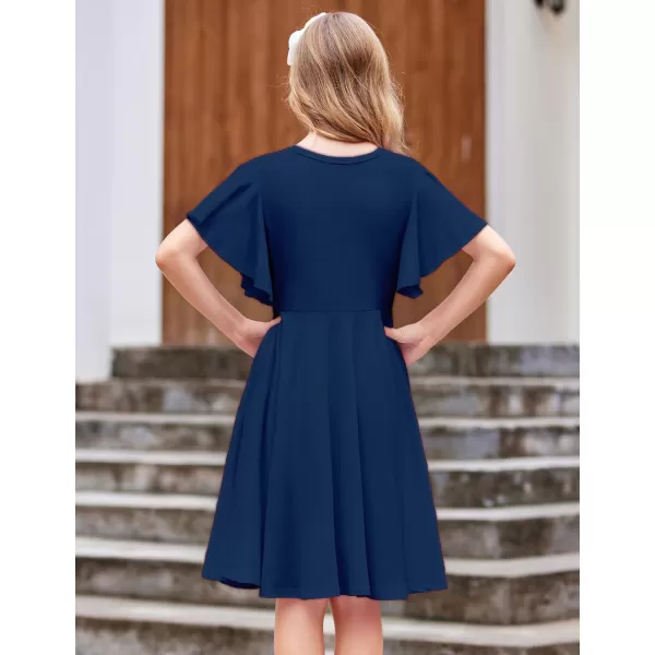Arshiner Girls Dress Butterfly Sleeve Stretch A-Line Swing Skater Twirl School Dress with Pockets