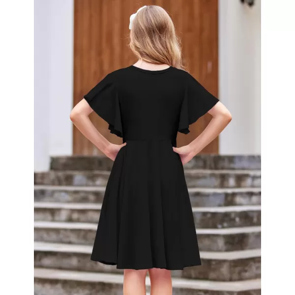 Arshiner Girls Dress Butterfly Sleeve Stretch A-Line Swing Skater Twirl School Dress with Pockets