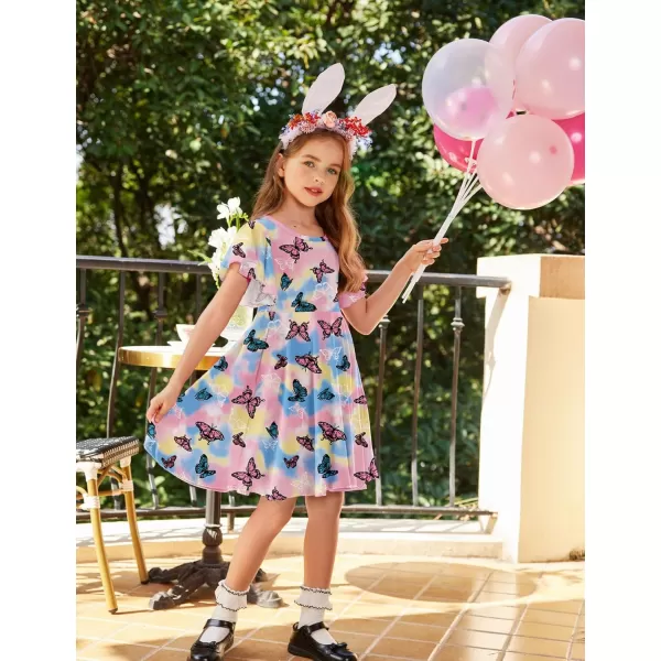 Arshiner Girls Dress Butterfly Sleeve Stretch A-Line Swing Skater Twirl School Dress with Pockets