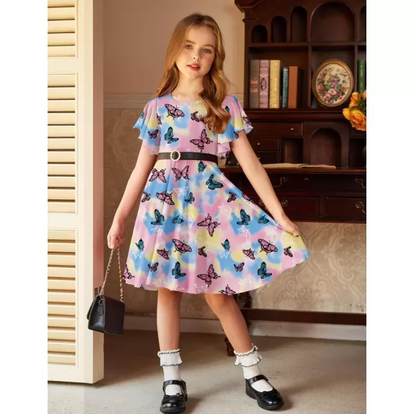 Arshiner Girls Dress Butterfly Sleeve Stretch A-Line Swing Skater Twirl School Dress with Pockets