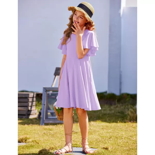 Arshiner Girls Dress Butterfly Sleeve Stretch A-Line Swing Skater Twirl School Dress with Pockets