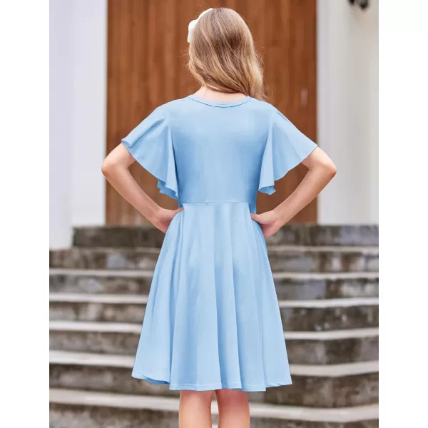 Arshiner Girls Dress Butterfly Sleeve Stretch A-Line Swing Skater Twirl School Dress with Pockets